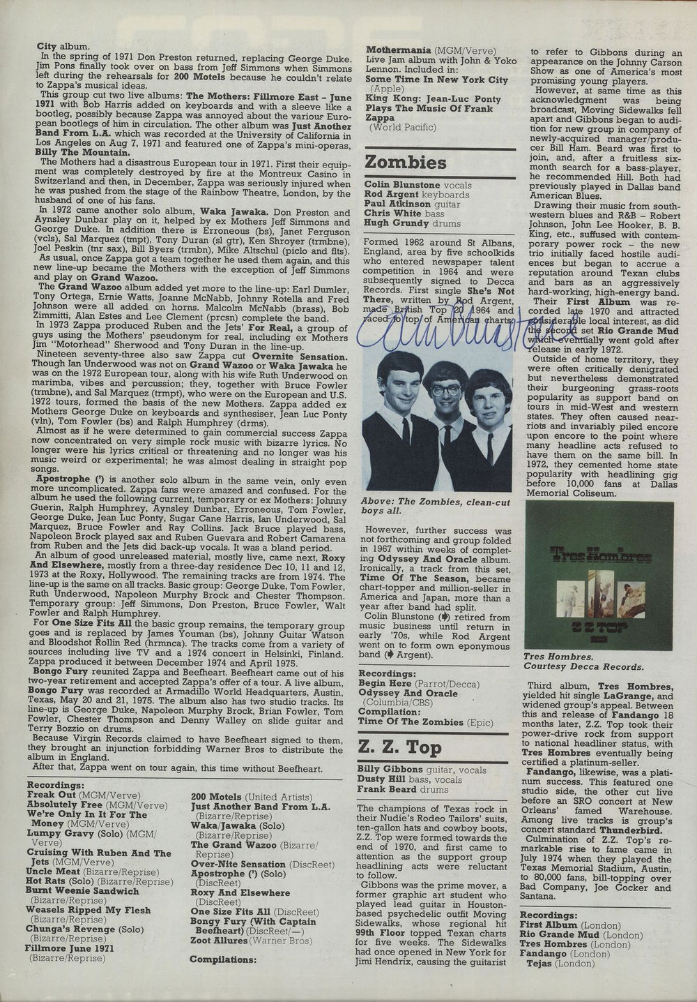 Colin Blunstone Autographed Page of the NME Encyclopedia of Rock UK memorabilia AUTOGRAPH