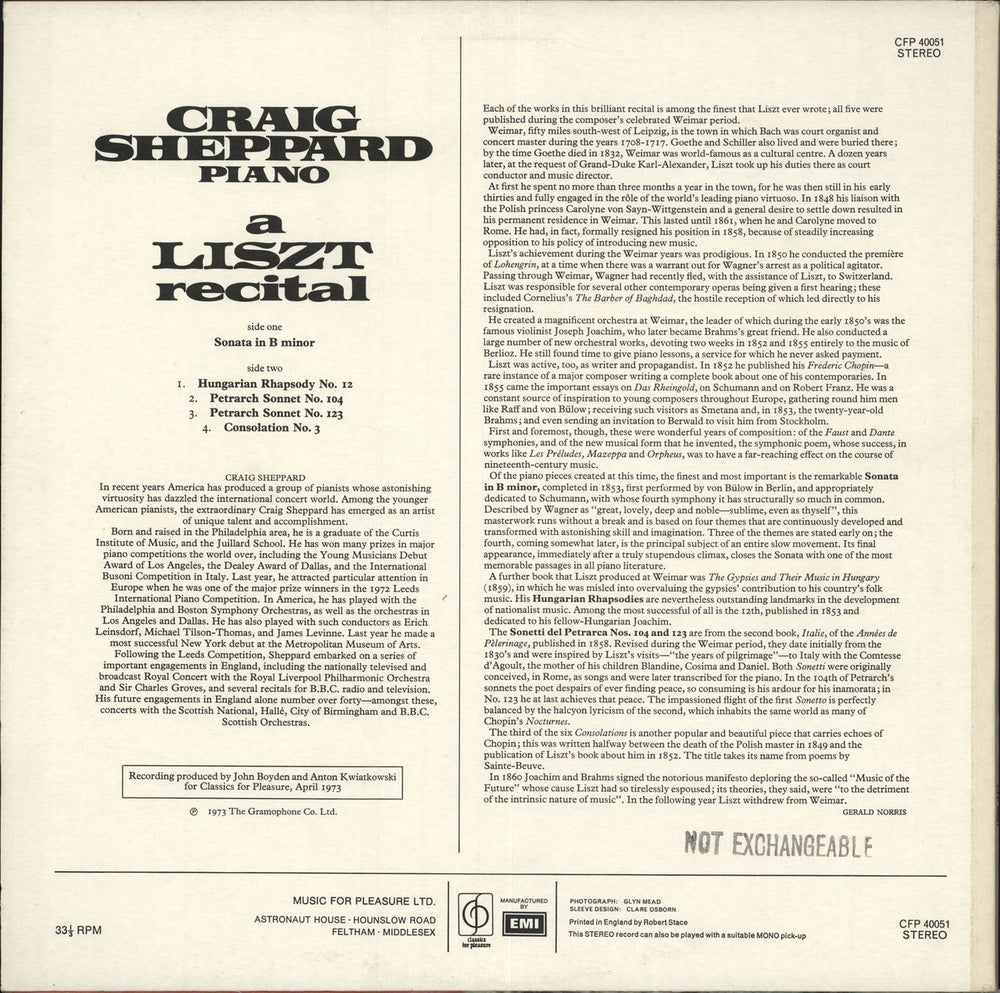 Craig Sheppard A Liszt Recital UK vinyl LP album (LP record)