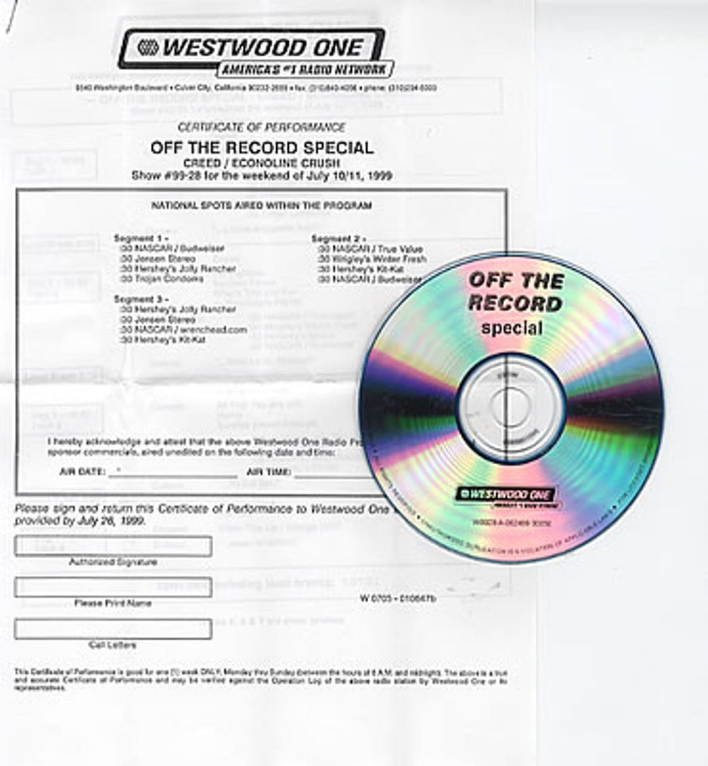 Creed Off The Record Special US CD album (CDLP) #99-28