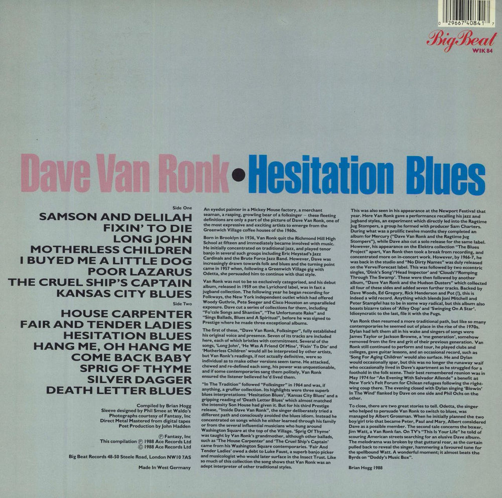 Dave Van Ronk Hesitation Blues, The Best Of Dave Van Ronk UK vinyl LP album (LP record)