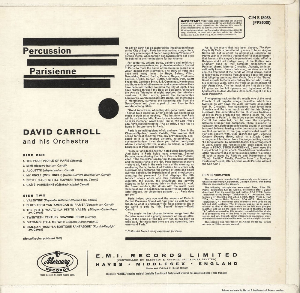 David Carroll Percussion Parisienne UK vinyl LP album (LP record)