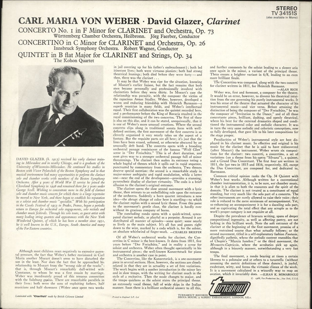 David Glazer Carl Maria Von Weber UK vinyl LP album (LP record)