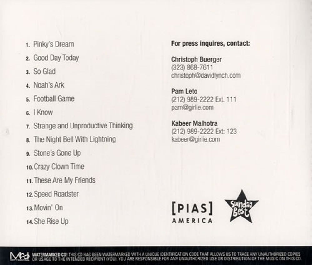 David Lynch Crazy Clown Time US Promo CD-R acetate CD-R ACETATE