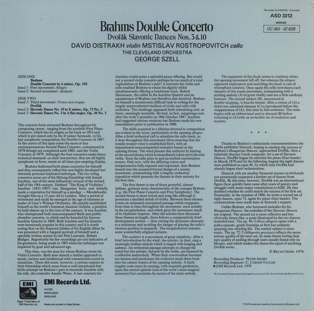 David Oïstrakh & Mstislav Rostropovitch Brahms: Double Concerto / Dvorák: Slavonic Dances Nos. 3 & 10 UK vinyl LP album (LP record)