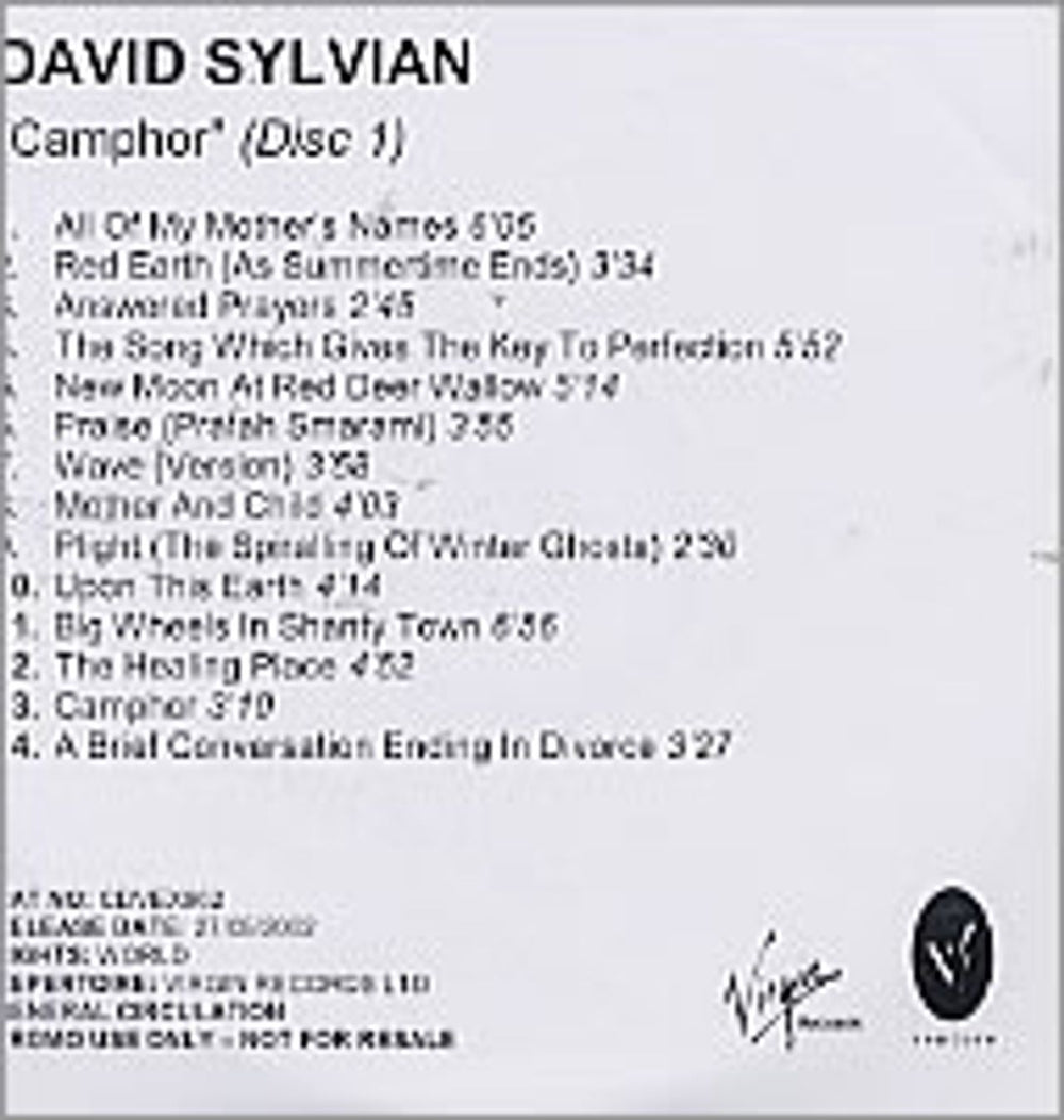 David Sylvian Camphor UK Promo CD-R acetate 2 x CD ACETATE SET