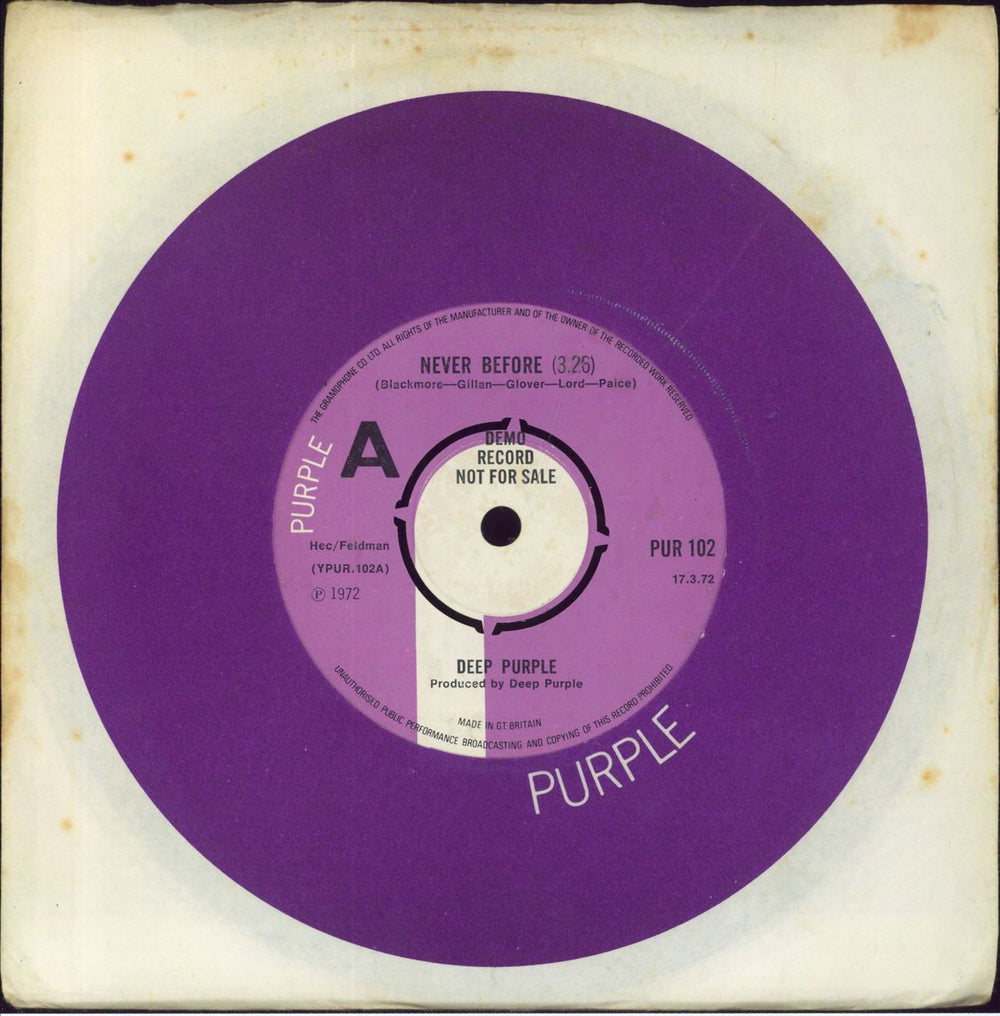 Deep Purple Never Before - A Label UK Promo 7" vinyl single (7 inch record / 45) PUR102