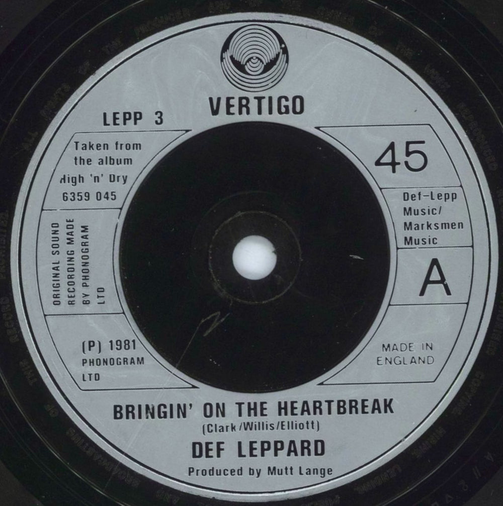 Def Leppard Bringin' On The Heartbreak UK 7" vinyl single (7 inch record / 45) DEF07BR08438