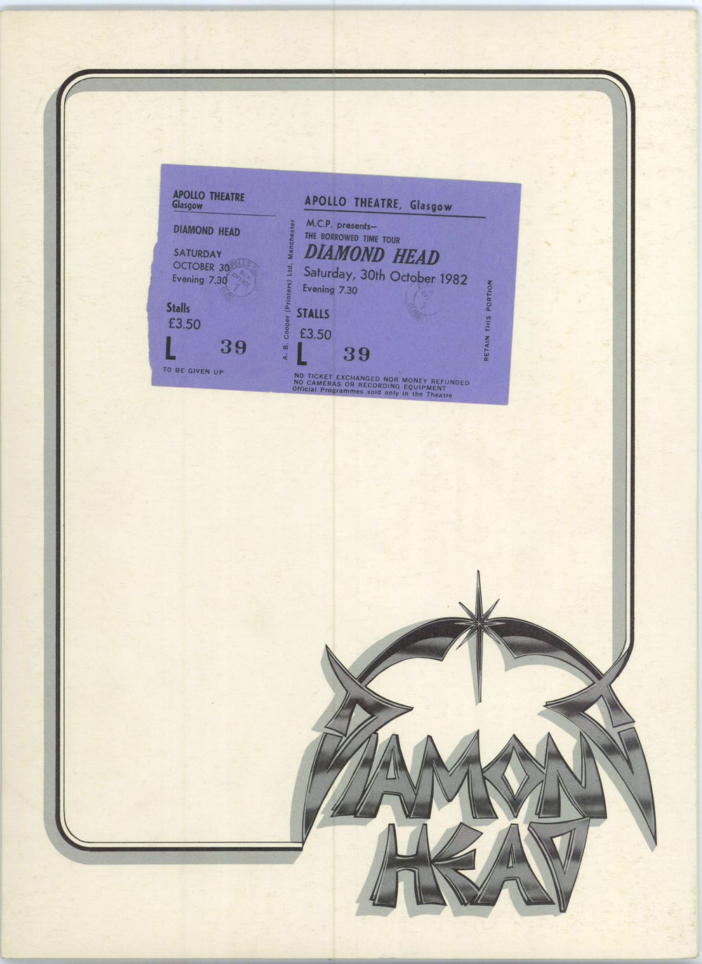 Diamond Head Borrowed Time + Merchandise Insert & Stub UK tour programme