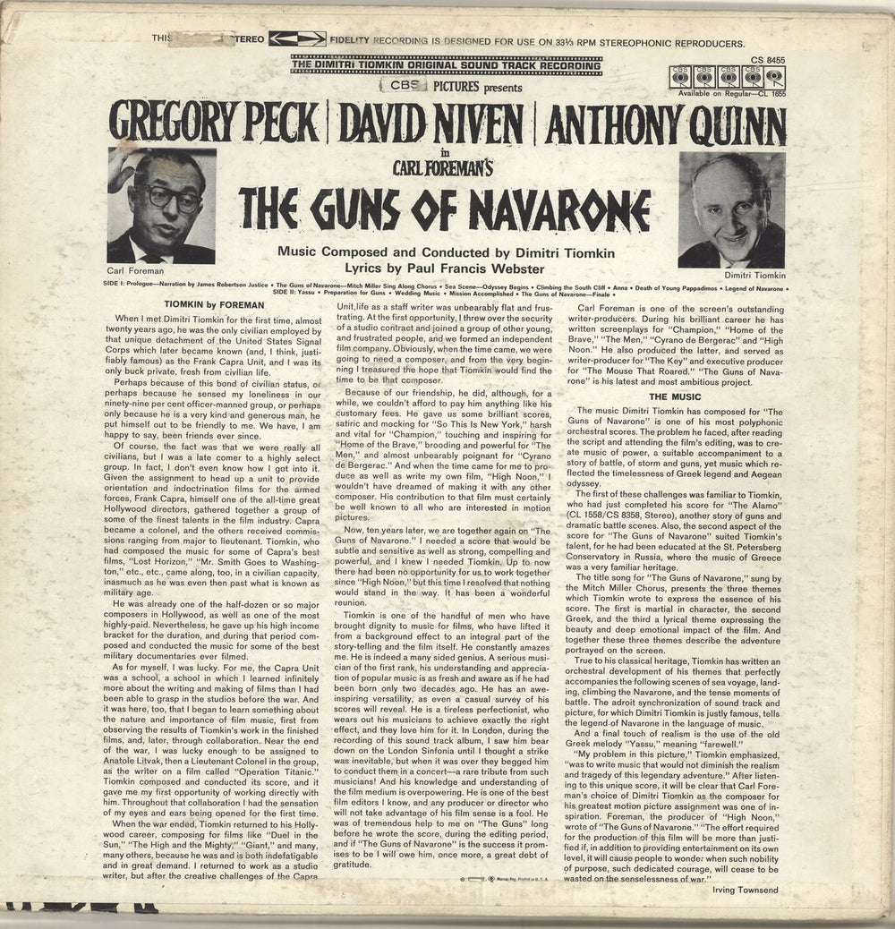 Dimitri Tiomkin The Guns Of Navarone US vinyl LP album (LP record)