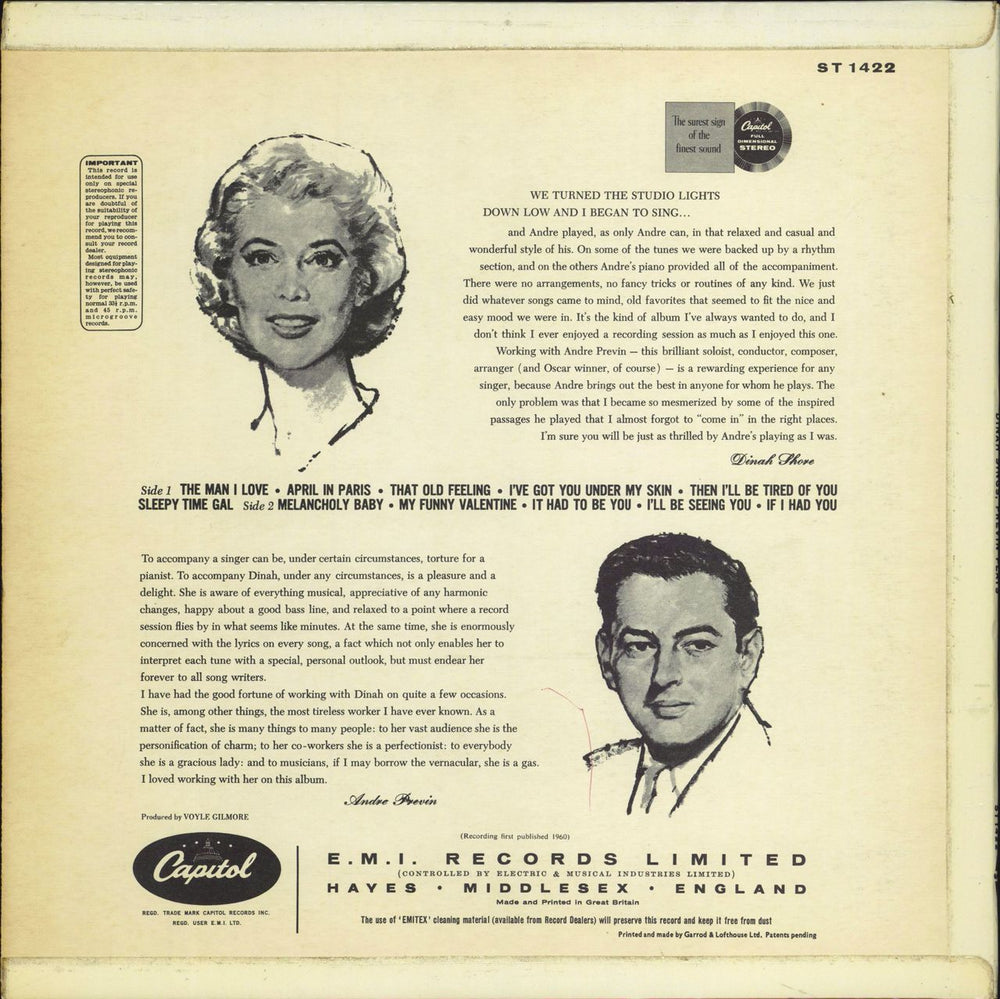 Dinah Shore Dinah Sings, Previn Plays UK vinyl LP album (LP record)