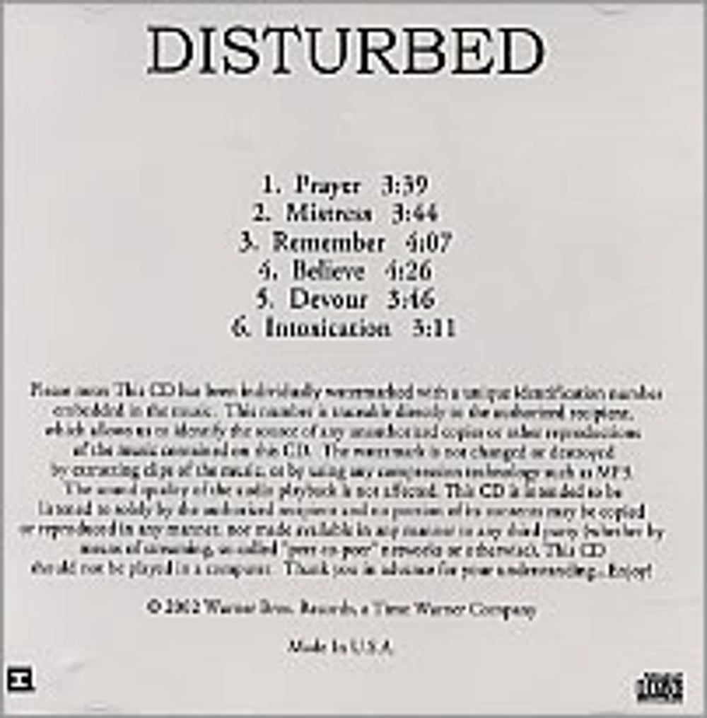 Disturbed Six Tracks US Promo CD-R acetate CD-R ACETATE