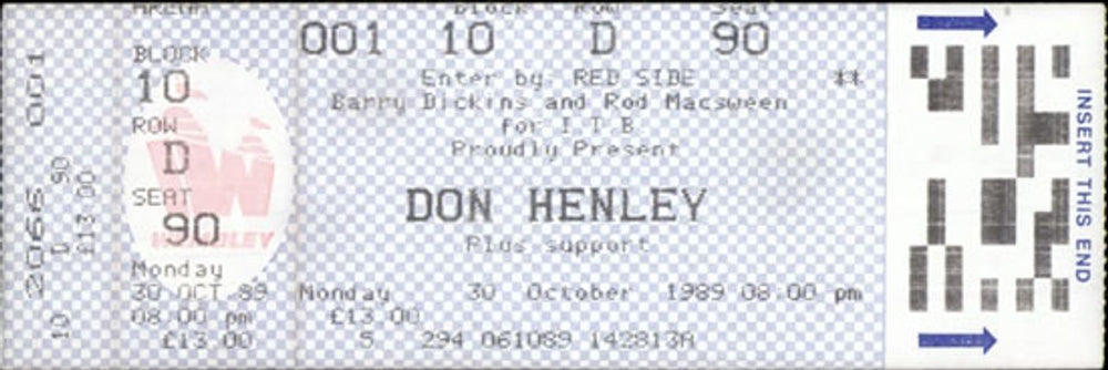 Don Henley Wembley Stadium UK concert ticket CONCERT TICKET