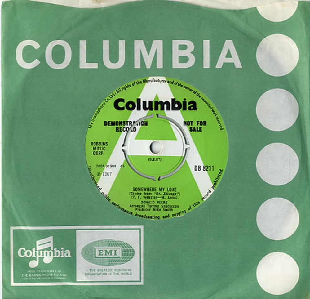 Donald Peers Somewhere My Love - A Label + press release UK Promo 7" vinyl single (7 inch record / 45) DB8211
