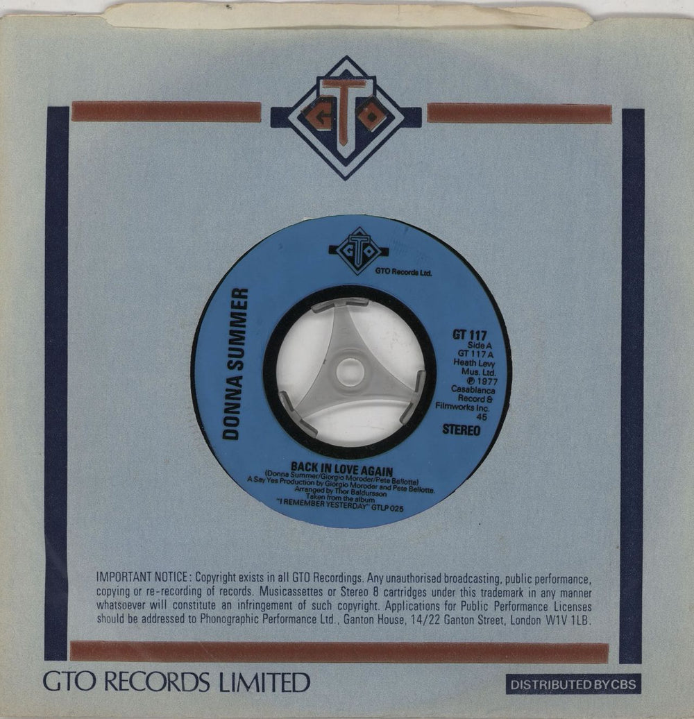 Donna Summer Back In Love Again - Wide Centre Injection Label UK 7" vinyl single (7 inch record / 45) GT117