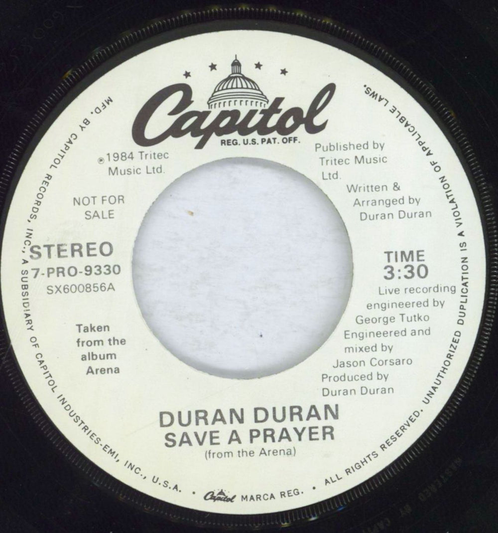 Duran Duran Save A Prayer US Promo 7" vinyl single (7 inch record / 45) DDN07SA40441