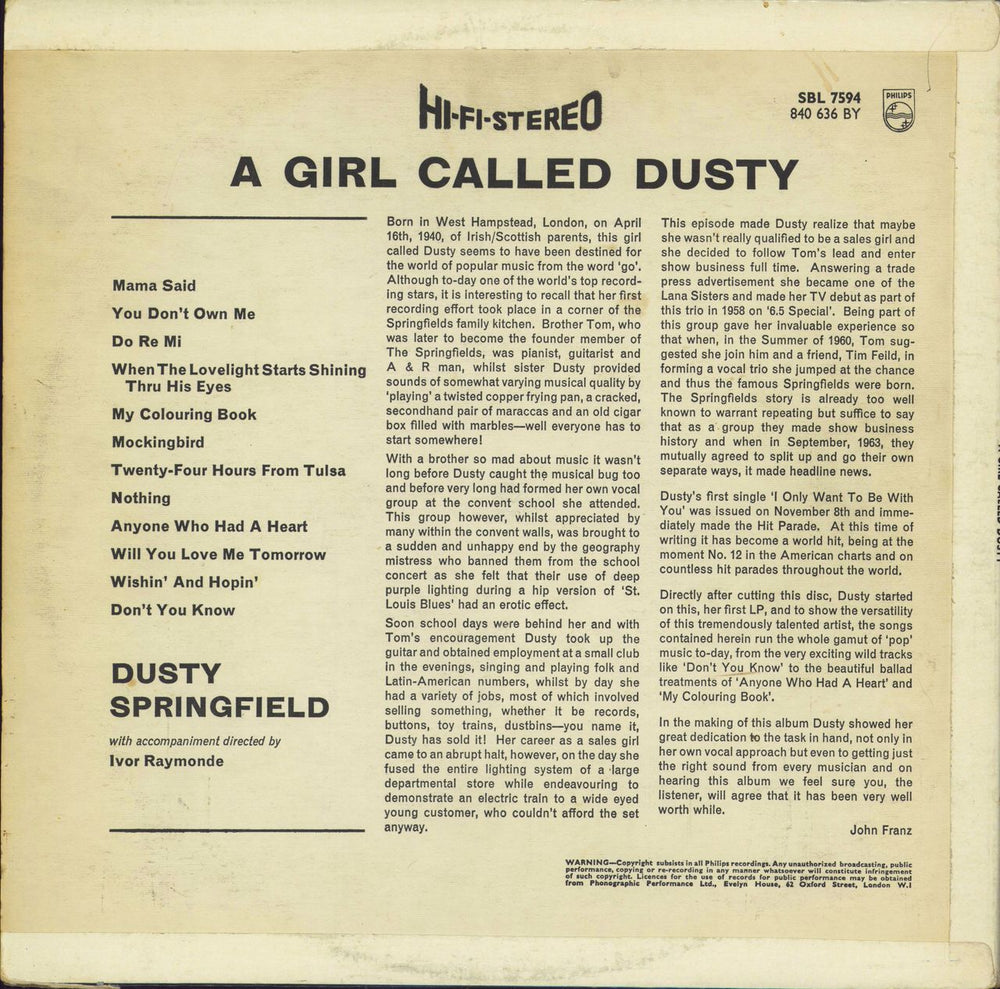 Dusty Springfield A Girl Called Dusty - flipback p/s - VG UK vinyl LP album (LP record)