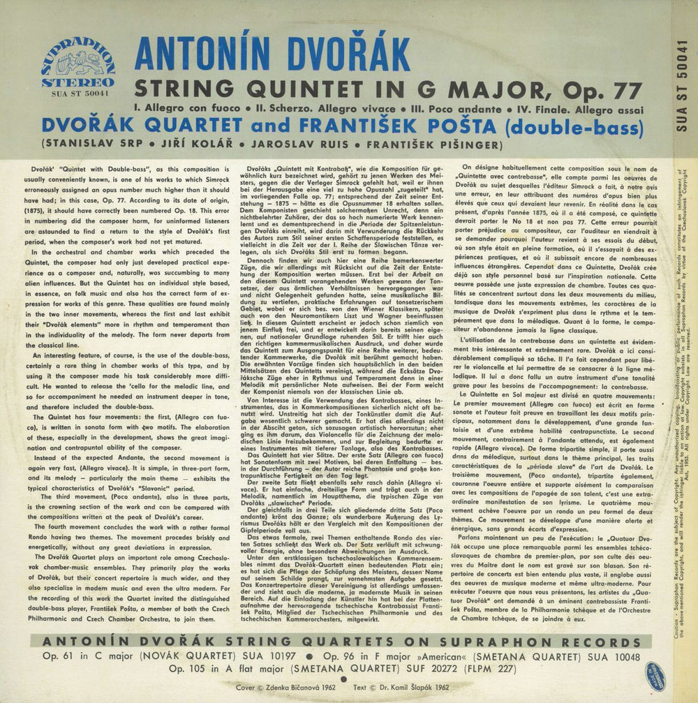 Dvorák Quartet Dvorák: String Quintet in G Major Czech vinyl LP album (LP record)