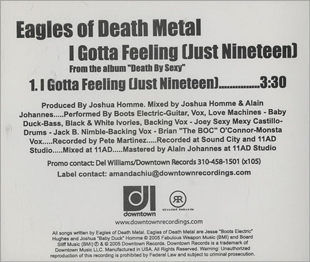 Eagles Of Death Metal I Gotta Feeling [Just Nineteen] US Promo CD single (CD5 / 5") 4DWT7008P-2