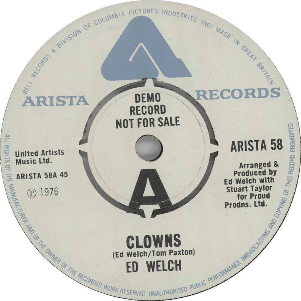 Ed Welch Clowns - A Label UK Promo 7" vinyl single (7 inch record / 45) ARISTA58