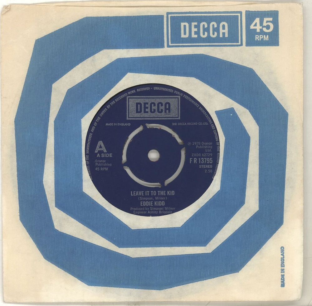 Eddie Kidd Leave It To The Kid UK 7" vinyl single (7 inch record / 45) FR13795