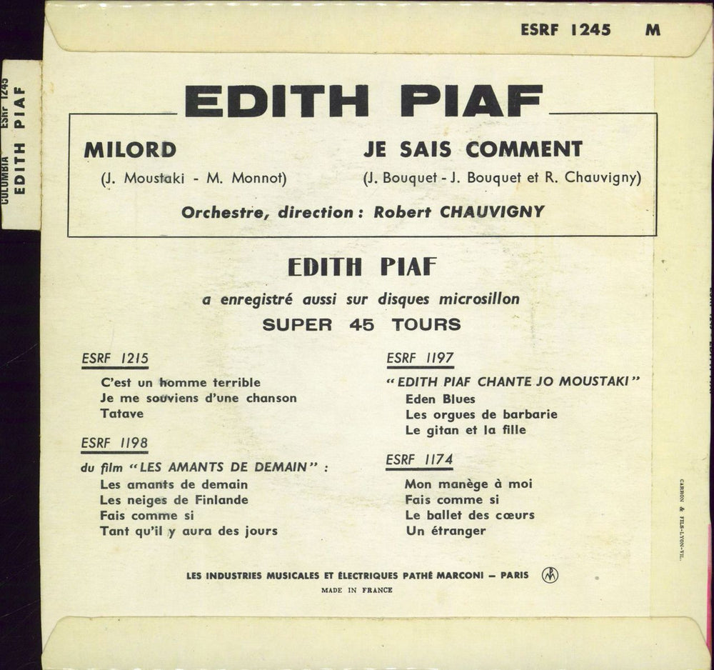 Edith Piaf Milford French 7" vinyl single (7 inch record / 45)