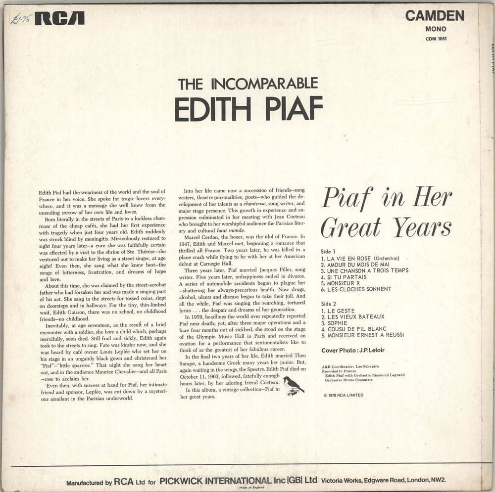 Edith Piaf The Incomparable Edith Piaf UK vinyl LP album (LP record)