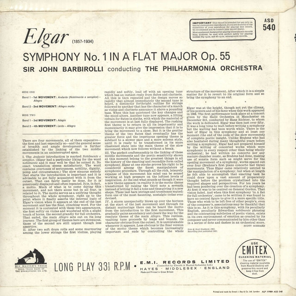 Edward Elgar Elgar Symphony No. 1 UK vinyl LP album (LP record)