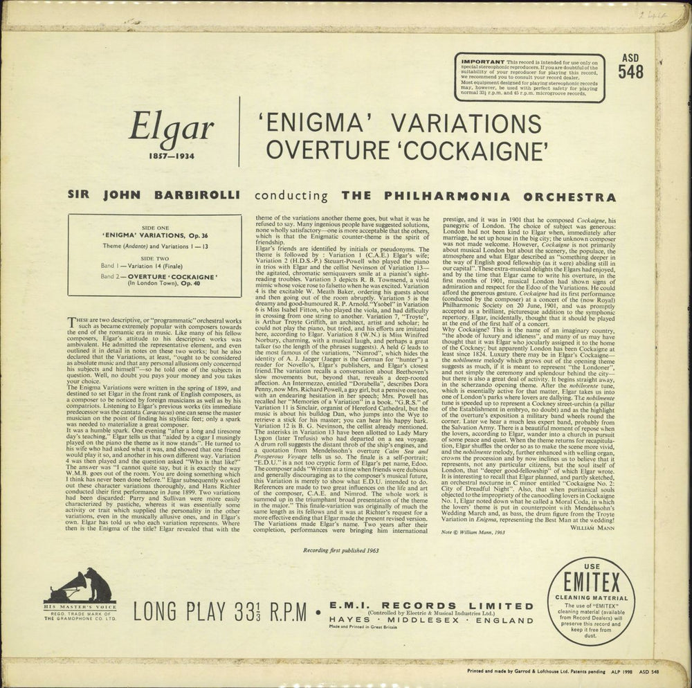 Edward Elgar 'Enigma' Variations / Overture 'Cockaigne' - 1st UK vinyl LP album (LP record)