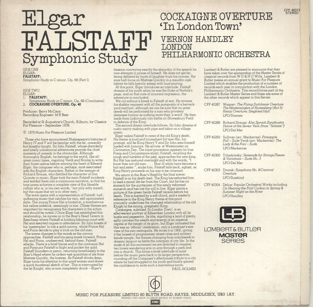 Edward Elgar Falstaff - Symphonic Study / Cockaigne Overture 'In London Town' UK vinyl LP album (LP record)