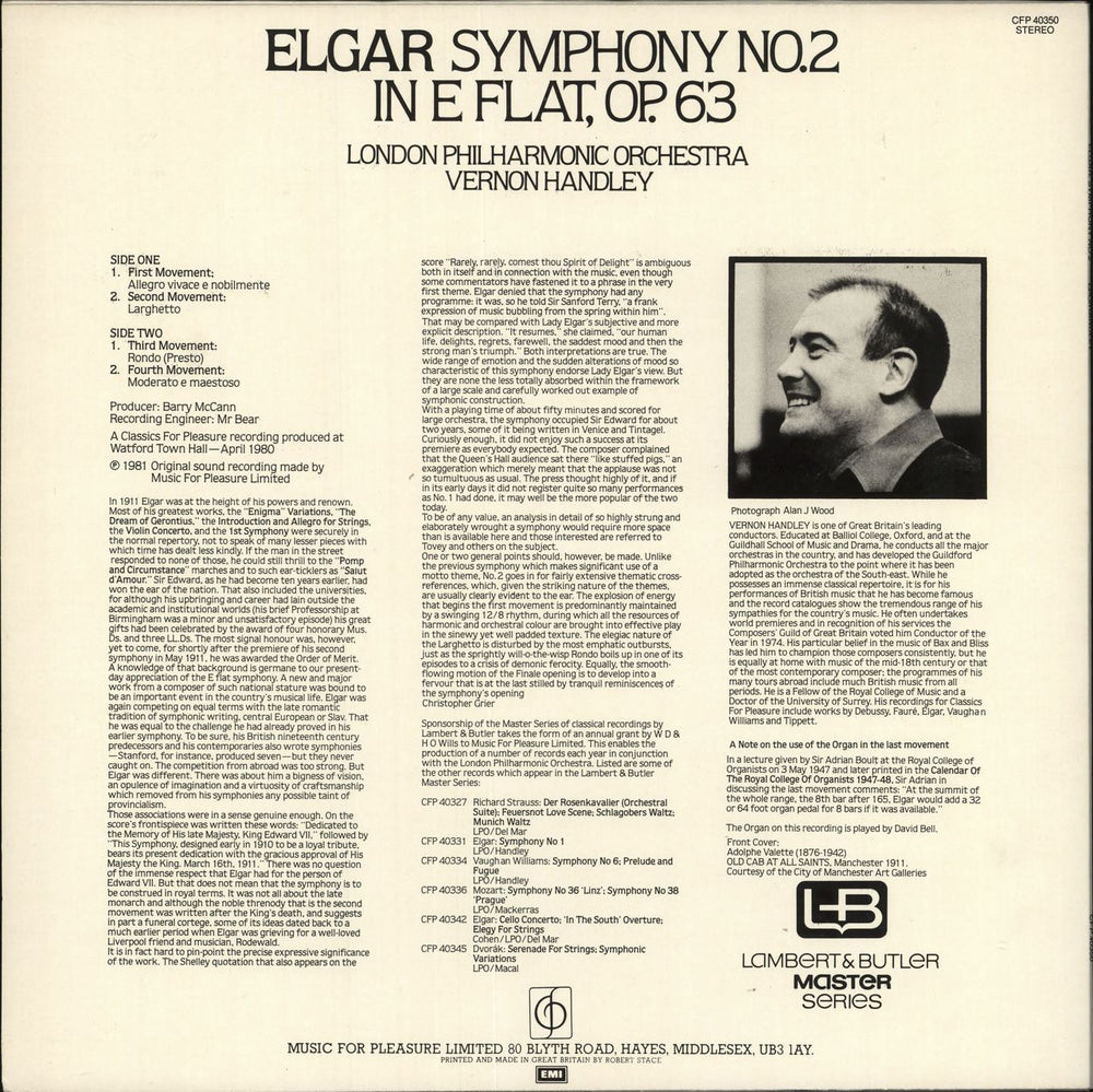 Edward Elgar Symphony No. 2 in E Flat, Op.63 UK vinyl LP album (LP record)