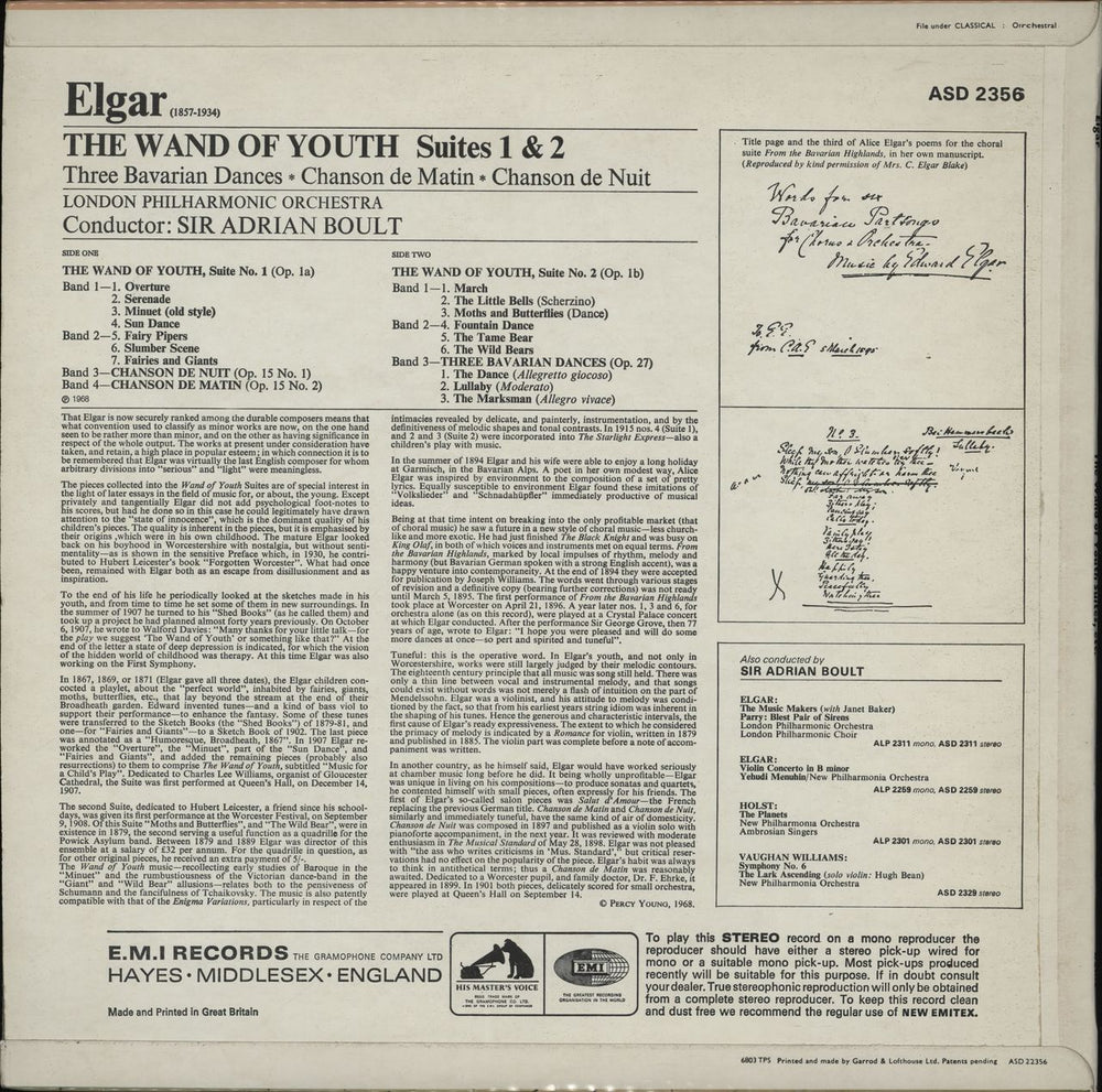 Edward Elgar The Wand of Youth Suites 1 & 2 / Chanson de Nuit / Chanson de Matin / Three Bavarian Dances UK vinyl LP album (LP record)