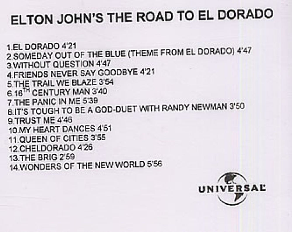 Elton John Elton John's The Road To El Dorado UK Promo CD-R acetate CD ACETATE