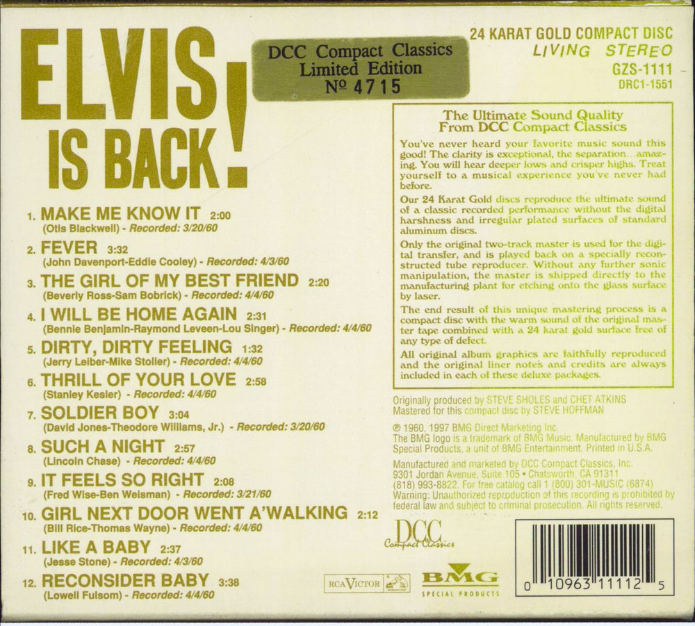 Elvis Presley Elvis Is Back! + slipcase US CD album (CDLP) 010963111125