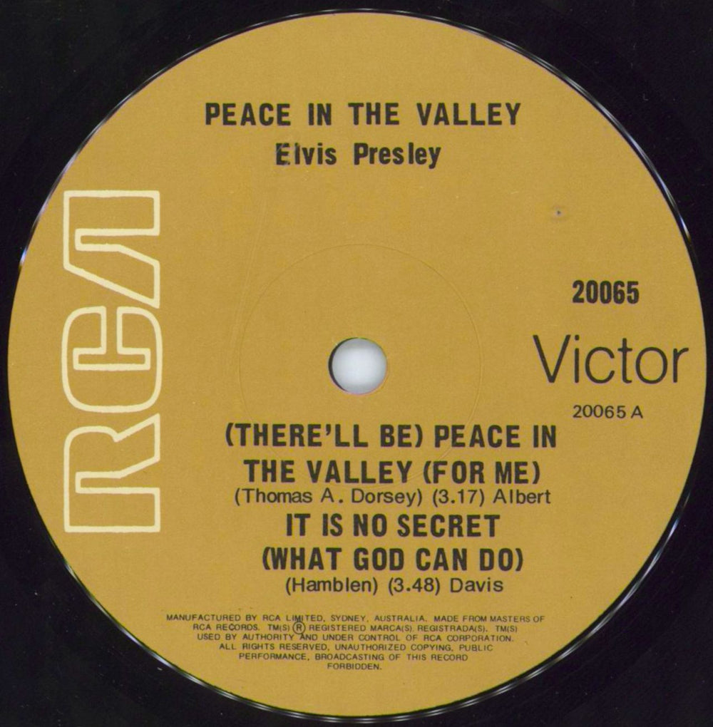 Elvis Presley Peace In The Valley Australian 7" vinyl single (7 inch record / 45) ELV07PE567775