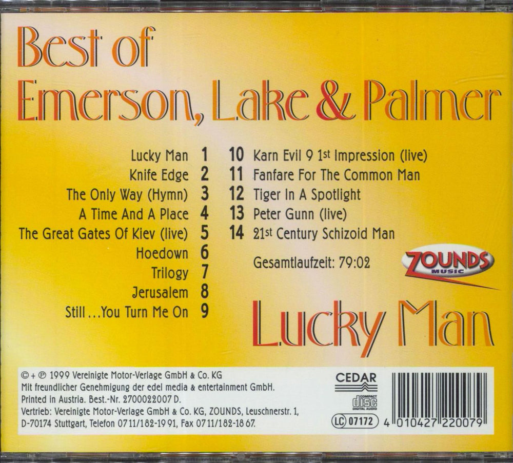 Emerson Lake & Palmer Lucky Man - Best Of Emerson, Lake & Palmer German CD album (CDLP) 4010427220079