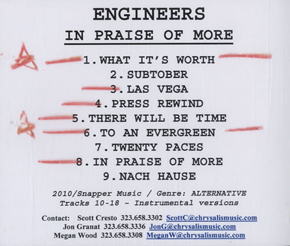 Engineers In Praise Of More - Instrumental US Promo CD-R acetate CD-R ACETATE