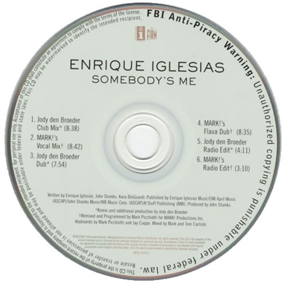 Enrique Iglesias Somebody's Me US Promo CD single (CD5 / 5") INTR-12323-2