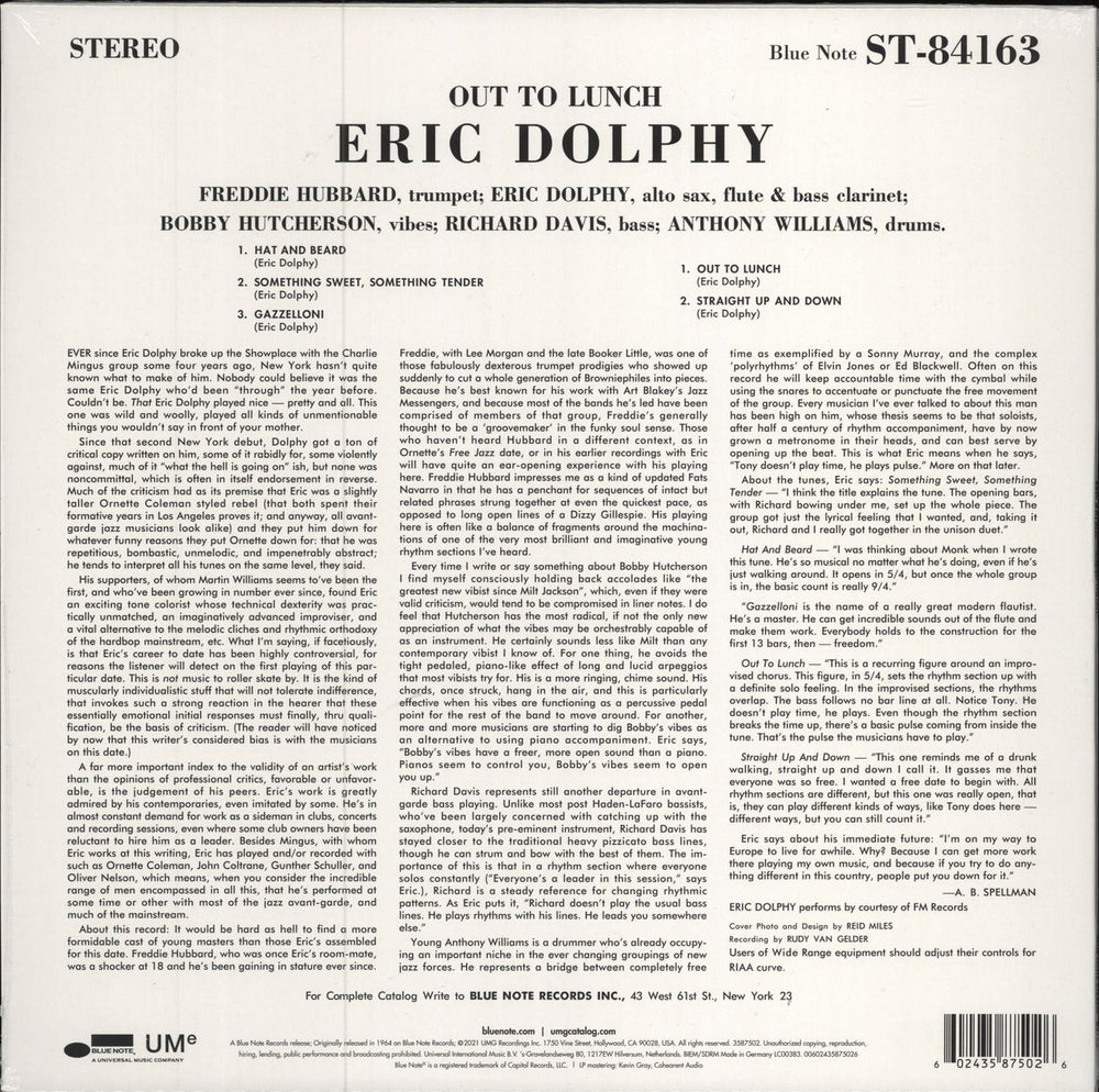 Eric Dolphy Out To Lunch - 180gm UK vinyl LP album (LP record) 602435875026