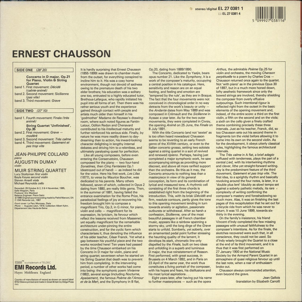 Ernest Chausson Concerto For Violin, Piano And String Quartet / String Quartet 'Unfinished' UK vinyl LP album (LP record) 5099927038116
