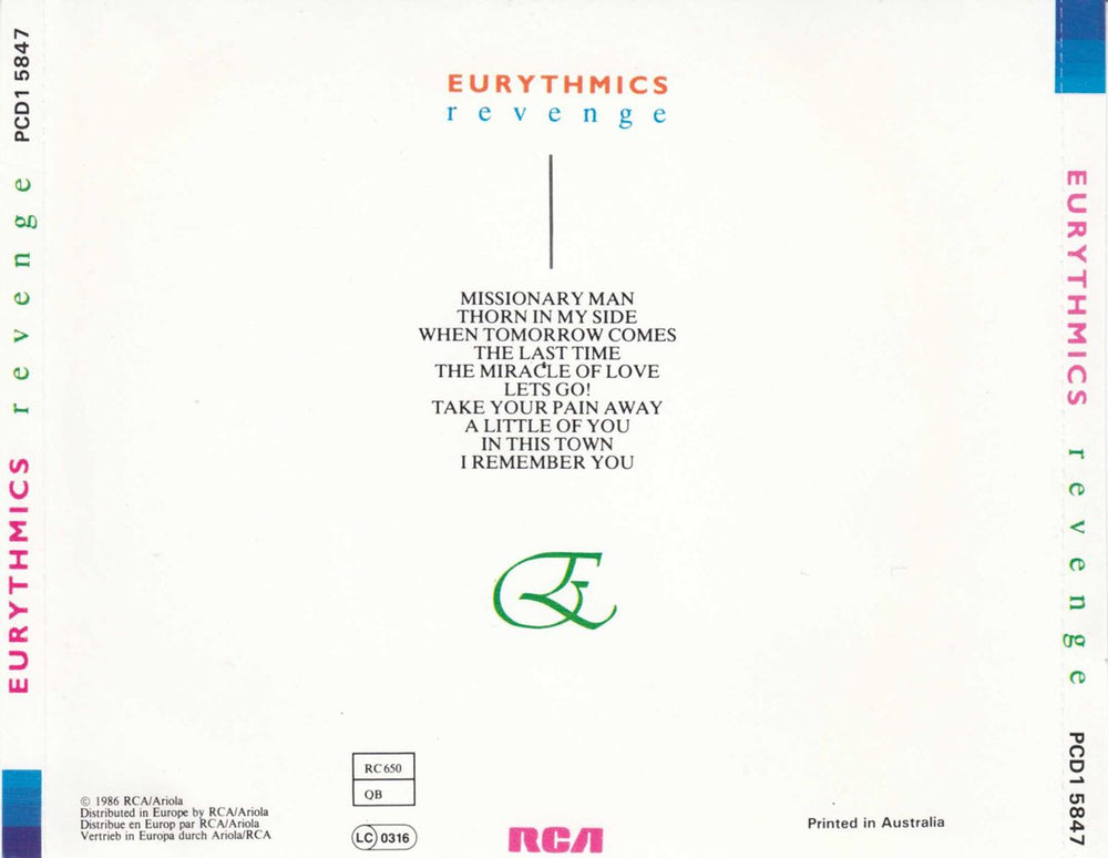 Eurythmics Revenge Australian CD album (CDLP) PCD1-5847