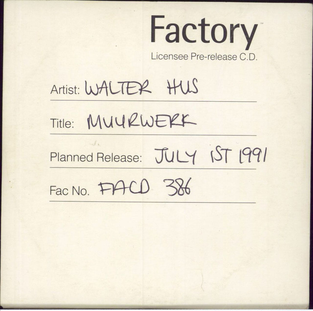 Factory Muurwerk UK Promo CD album (CDLP) FACD386