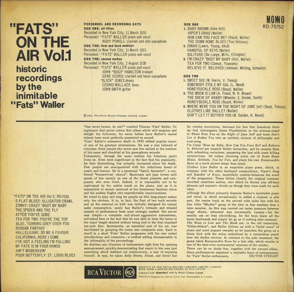 Fats Waller Fats On The Air Vol. 1 UK vinyl LP album (LP record)