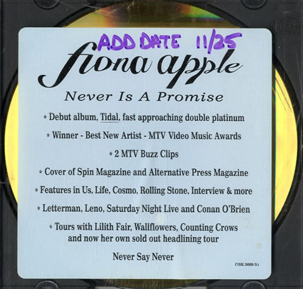 Fiona Apple Never Is A Promise US Promo CD-R acetate CD ACETATE