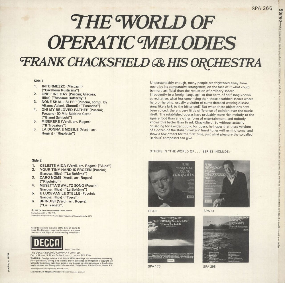 Frank Chacksfield The World Of Operatic Melodies UK vinyl LP album (LP record)