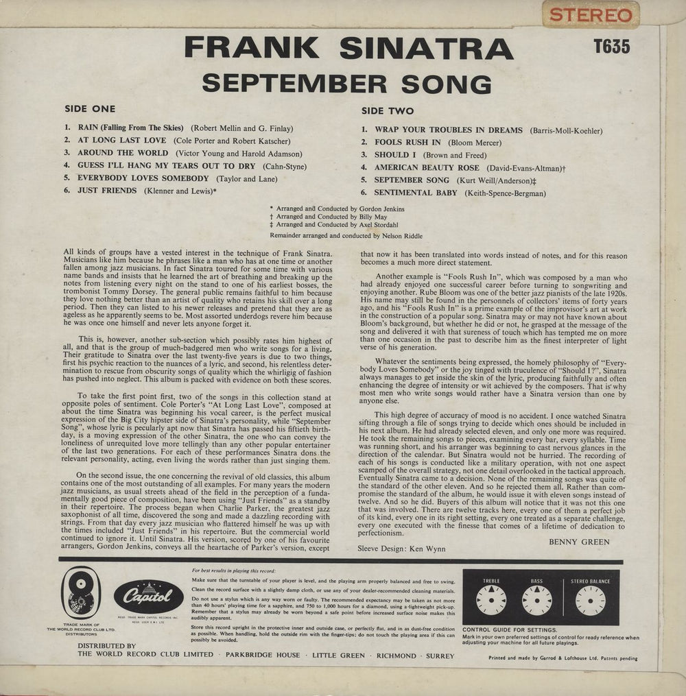 Frank Sinatra September Song UK vinyl LP album (LP record)