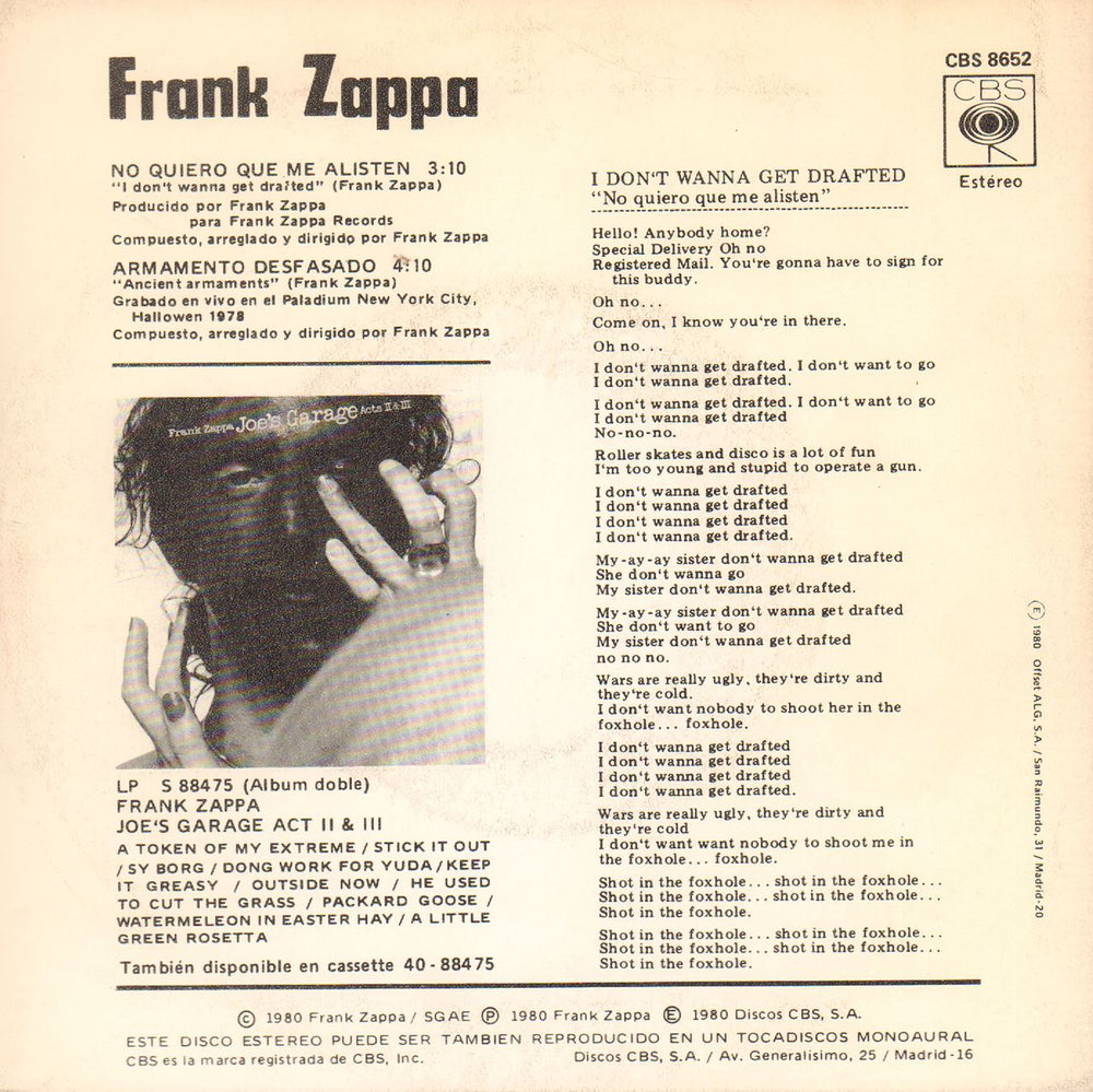 Frank Zappa I Don't Wanna Get Drafted (No Quiero Que Me Alisten) Spanish 7" vinyl single (7 inch record / 45) ZAP07ID652078
