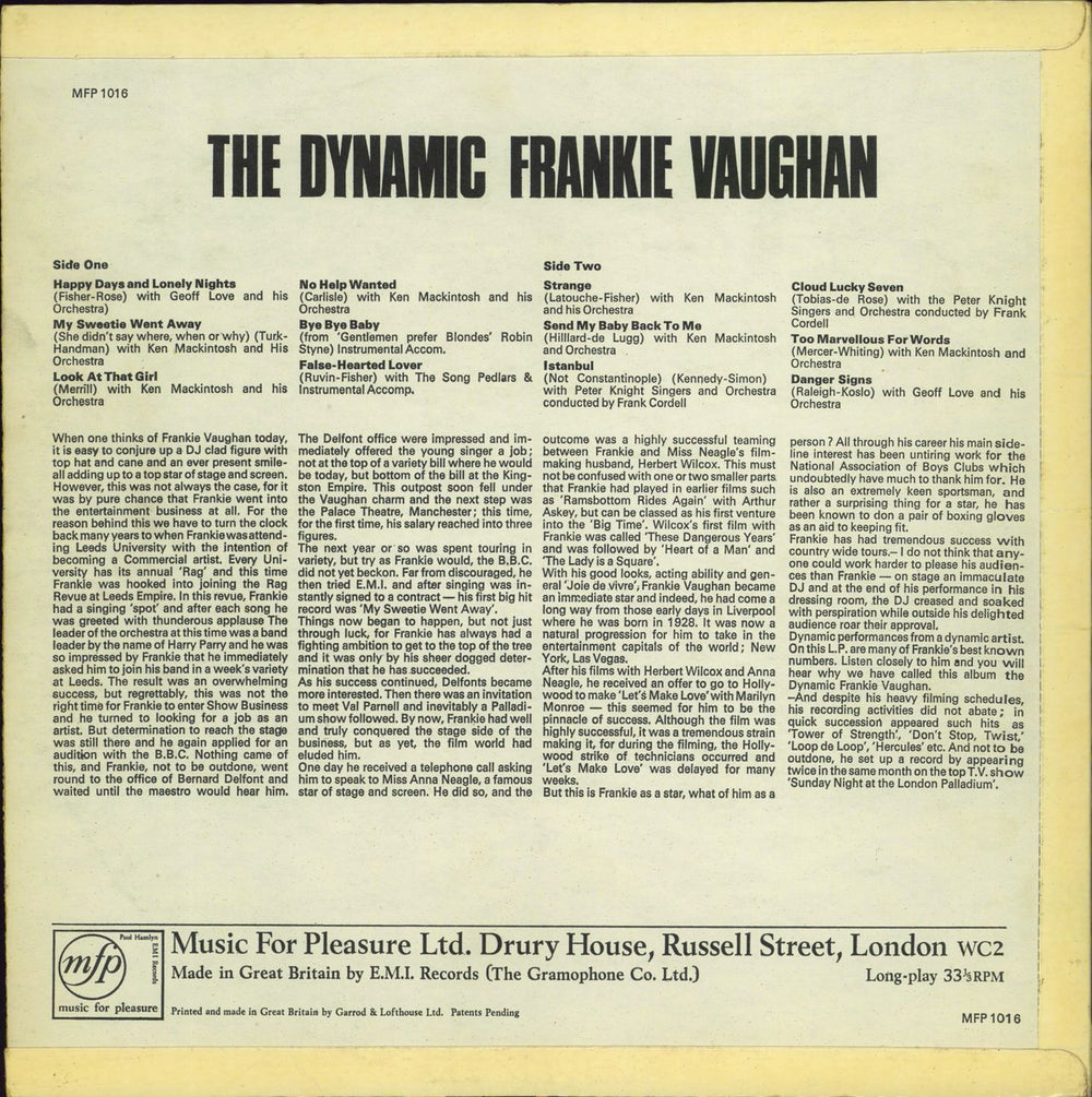 Frankie Vaughan The Dynamic Frankie Vaughan UK vinyl LP album (LP record)