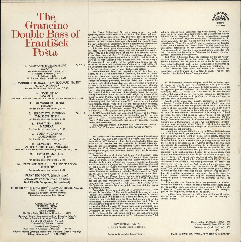 František Pošta The Grancino Double Bass Of František Pošta Czech vinyl LP album (LP record)