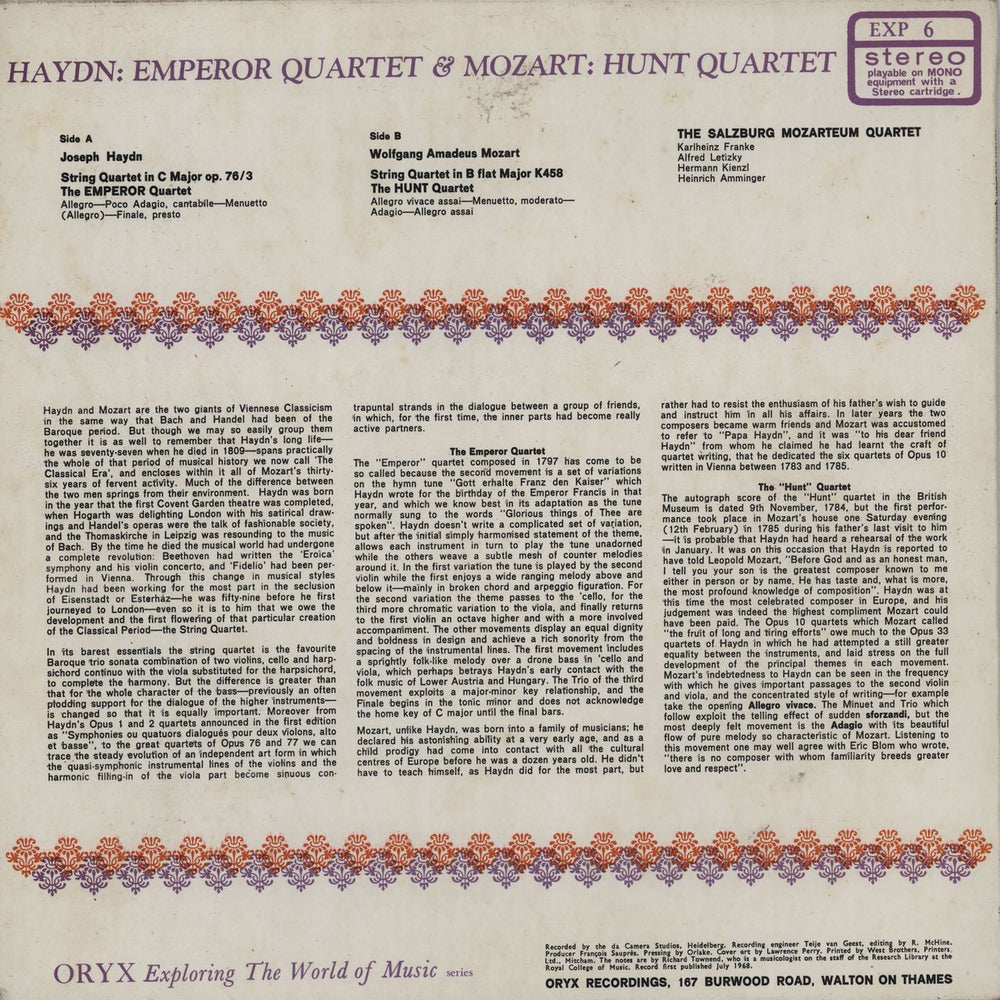 Franz Joseph Haydn Emperor Quartet & MOZART Hunt Quartet UK vinyl LP album (LP record)