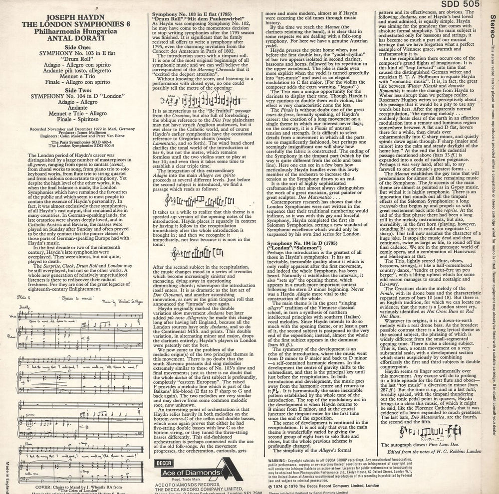 Franz Joseph Haydn Haydn: Symphony No. 103 ("Drum Roll") • Symphony No. 104 ("London") UK vinyl LP album (LP record)